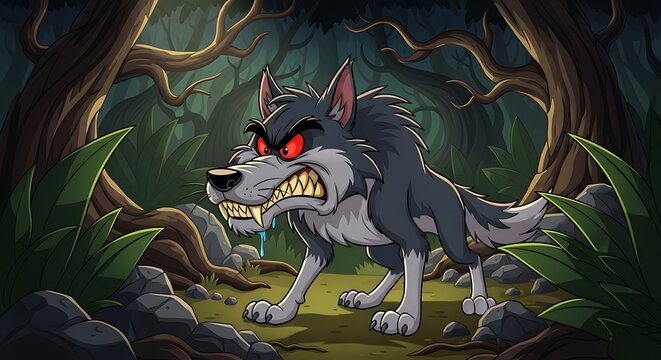 Angry wolf in the dark forest, ready to attack, illustration.