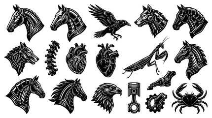 Fototapeta premium Biomechanical Cyberpunk Animals and Technology Parts Engraved Monochrome Vector Illustrations Set