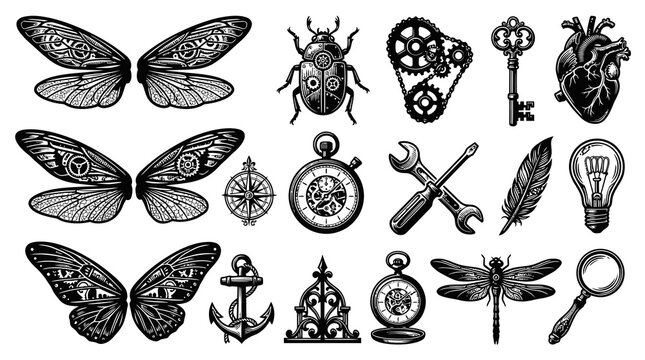 Steampunk Engraved Black and White Icons Collection. Vintage Mechanical Insects, Gears, Keys, and Retro Objects.