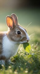 Fototapeta premium Gentle Rabbit Nibbling on a Green Leaf Outdoors