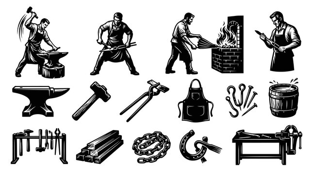 Blacksmith Forging  Metalworking Crafts and Tools Set in Black and White Line Art Style