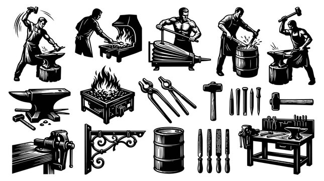 Blacksmith Black and White Line Art Set - Forging Tools, Anvil, Forge