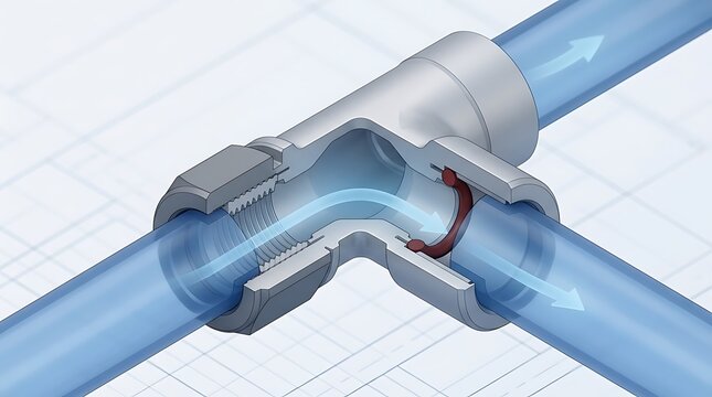 Cutaway view of a check valve in a pipe system showing fluid flow and internal mechanism for controlling direction