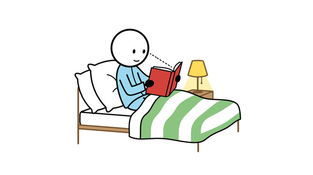 A cartoon character reading a book in bed at night with a lamp