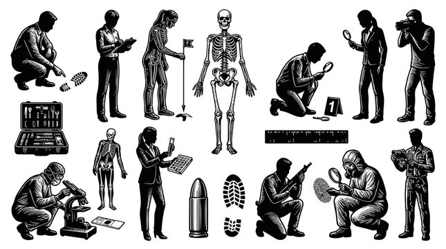 Forensic Science Investigation Icons Black and White Line Art Criminal Justice Scene