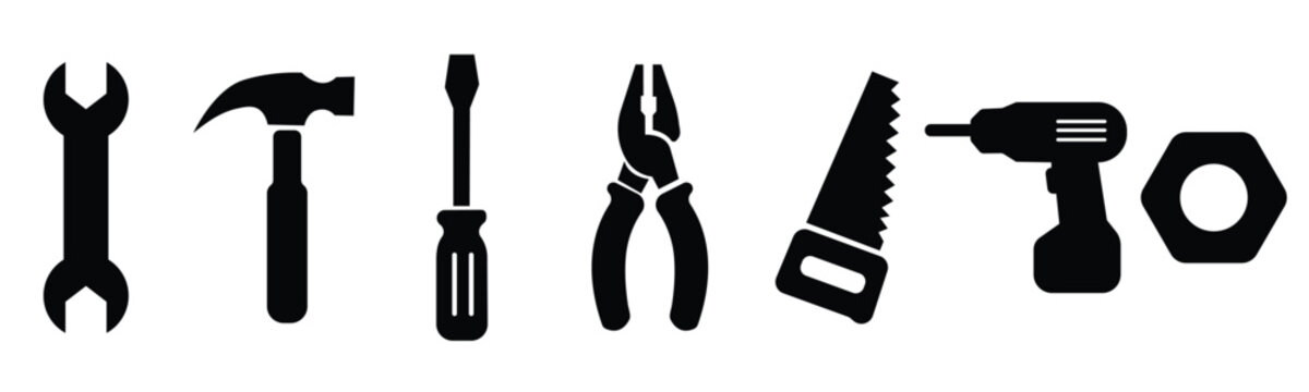 Black construction tools icon set with wrench , hammer , screwdriver and  hex nut symbols 