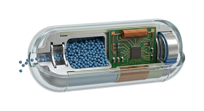 Cross-Section 3D Render of a Wirelessly Controlled Smart Micro-Pill Releasing Medicine