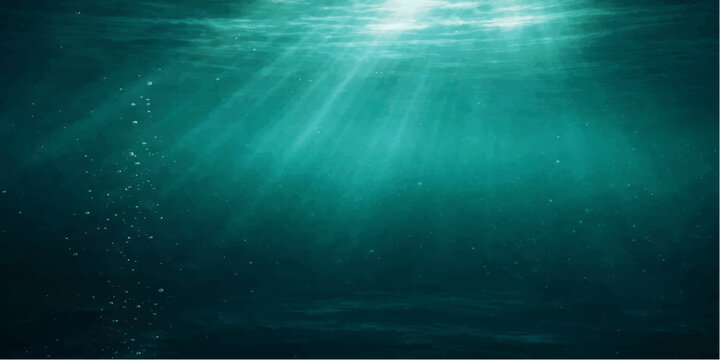 A deep blue underwater world loop featuring a dark ocean background where bright sunlight rays beam through the surface waves for a motion illustration design