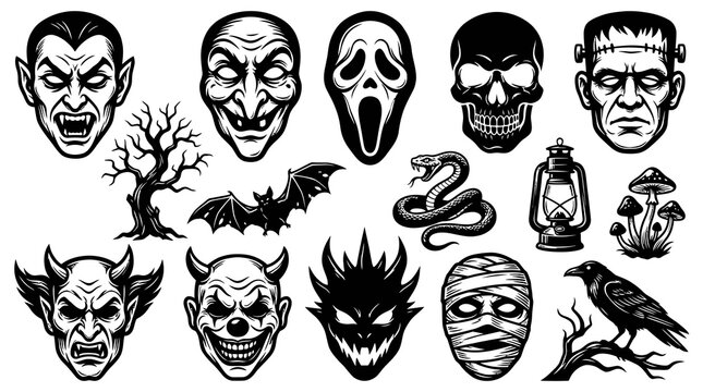 Vintage Engraving Halloween  Horror Icons Set. Monochrome Spooky Characters and Creepy Elements Collection in Classic Line Art Style.