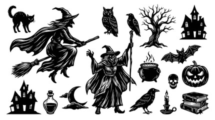 Obraz premium Halloween Witchcraft Spooky Elements Collection in Vintage Engraving Black White Line Art Style