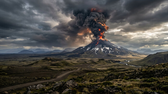 Volcanic eruption a dramatic landscape of fire smoke and destruction