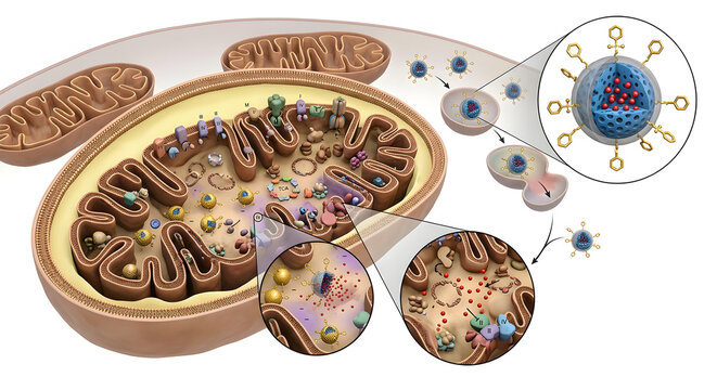 3D Scientific Render of Mitochondria-Targeted TPP Nanoparticle Drug Release