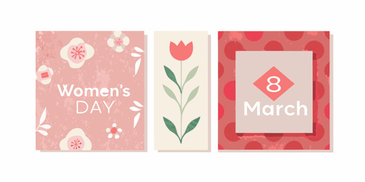 Women s day cards with floral elements tulip and march 8th date