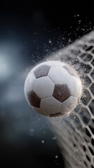 Naklejka premium Soccer ball net goal dust impact dynamic motion black white sport energy dramatic closeup competition outdoor action scoring excitement fast athletic powerful dramatic focus blur background
