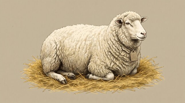 A detailed, realistic illustration of a placid white sheep resting calmly on golden hay, depicted with intricate wool texture and a thoughtful expression