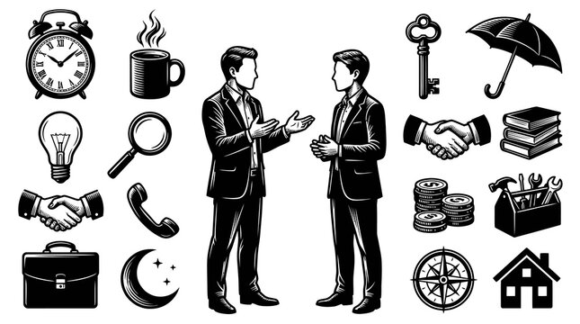 Business Icons Set: Black  White Line Art Concepts for Finance  Success