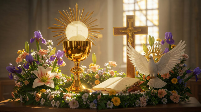 Illustration of an altar illuminated by a ray of light,  wooden crucifix depicting Jesus Christ, flowers, chalice, host, candles, doves symbolizing peace, interior church background. Corpus Christi