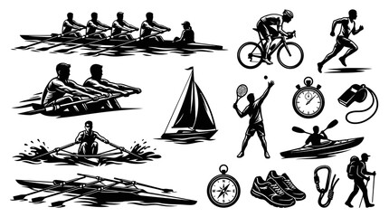Naklejka premium Diverse Sports and Outdoor Recreation Activities People Equipment Black White Silhouette Vector Set