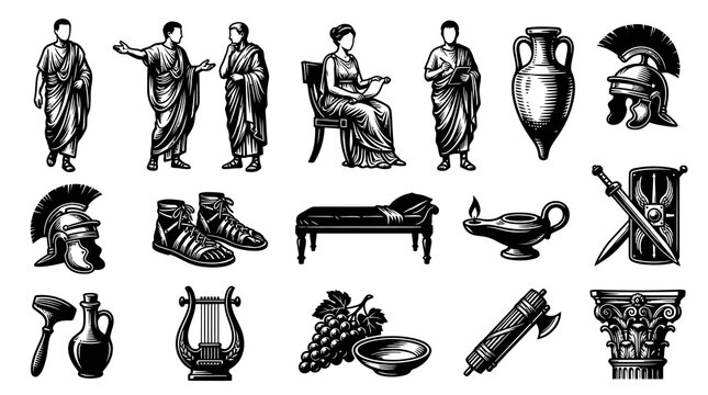 Ancient Roman Empire Culture Icons Set: Engraved Black and White Vector People and Objects