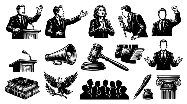 Government, Law and Justice Black and White Line Art Icons Set. Legal, Political and Oratory Vector Symbols.