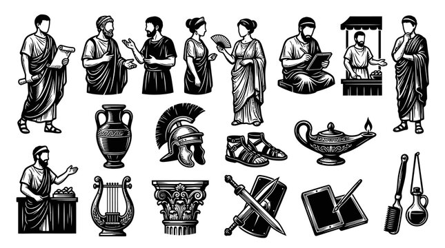 Ancient Roman and Greek Civilization Icons Set. Classical People and Artifacts in Engraving Line Art Style.
