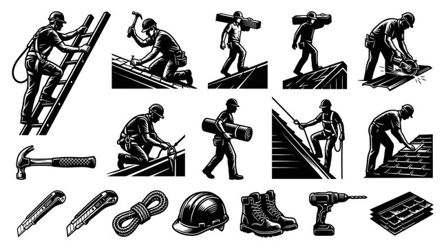 Vintage Black  White Line Art Illustration Set of Construction Roofers and Essential Hand Tools