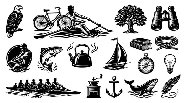 Outdoor Adventure Travel Nature Icons Set - Vintage Engraved Black and White Vector Illustrations Collection