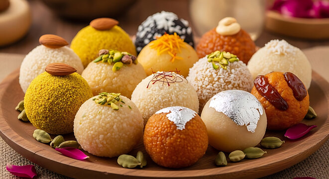 Laddu sweets are arranged on a rustic wooden platter with vibrant nuts and edible silver leaves.