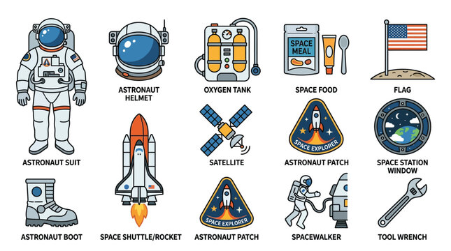 Space exploration icons featuring an astronaut suit, helmet, oxygen tank, meal pack, satellite, mission patches, and shuttle depict cosmic travel.