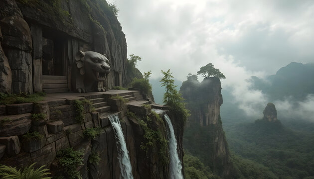 Stone lion gate on cliffside fortress above misty mountain valley