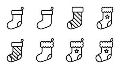 8 Christmas Stocking icons featuring stars and stripes, outline style, for holiday greeting card UI and web interface design © Bundleart