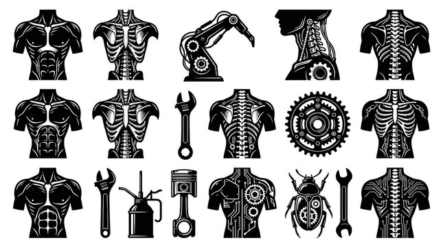 Black and White Vector Icons: Human Anatomy, Robotics, Mechanics, Circuitry, Insects
