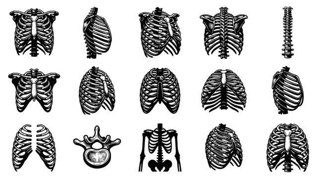 Human Rib Cage Skeleton Anatomy Vector Set - Black and White Line Art