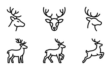 6 Deer icons featuring reindeer heads and jumping stags, outline style, for Christmas holiday culture © Bundleart
