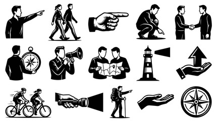 Obraz premium Black and White Icons: Navigation, Travel, Business, and Outdoor Activities
