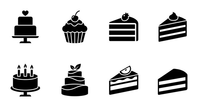 8 Cake silhouette icons featuring cupcake, cherry, candles, and tiered desserts, solid style, for bakery branding
