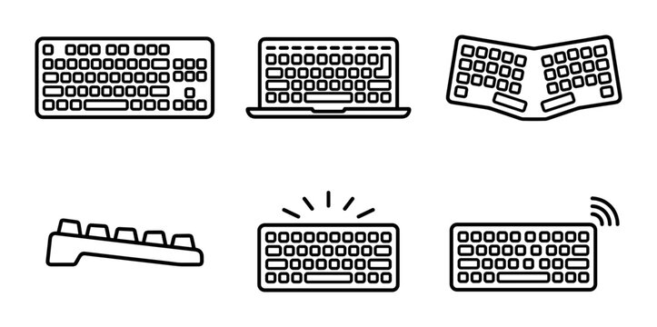 6 Computer Keyboard icons featuring laptop, ergonomic, and wireless hardware, outline style, for UI and web interface design