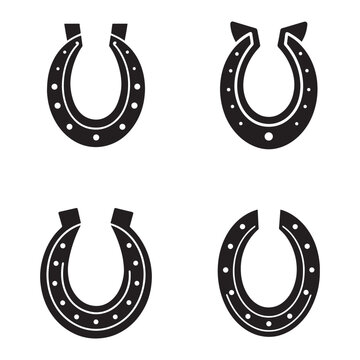 Set of four black horseshoe icons with white dots on white background  horseshoes with different nail patterns