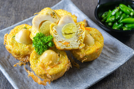 Tahu Fantasi or tahu sarang burung, indonesia savory snack made from tofu with quail eggs
