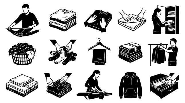Household Laundry  Clothing Care Icons Set. Black  White Glyph Silhouettes of Folding, Ironing  Organizing.