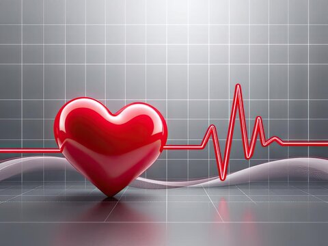 Glossy red 3D heart with a vibrant red pulse line on a gray technical grid background with soft flowing waves