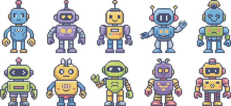 pixel art robot set, retro game characters, colorful robotic avatars vector illustration collection design