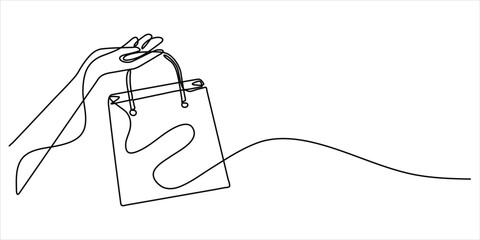 Hand holding shopping bag line art vector illustration minimalist continuous drawing fashion retail lifestyle design © Dosoroth Chandra