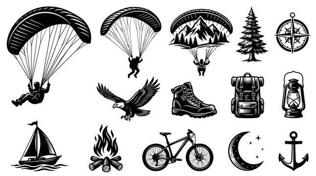 Black and White Line Art Icons of Outdoor Adventure and Travel