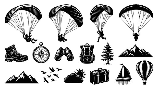 Black and White Vector Icons of Adventure and Travel Gear