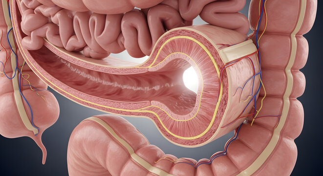 Detailed 3D Cross-Section of Human Colon and Intestine Anatomy Showing Digestive Tract Tissue Layers

