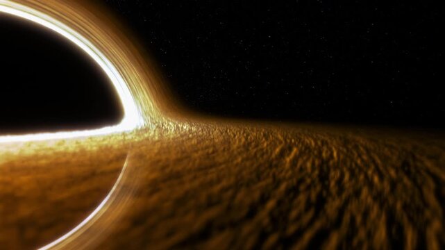 Supermassive black hole event horizon golden accretion disk gravitational lensing, warped spacetime, swirling plasma, deep space stars, cinematic cosmos, astrophysics concept, sci fi background