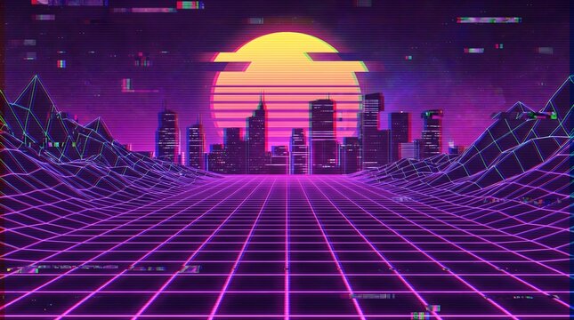 Vibrant retro-futuristic cityscape illustration featuring glowing neon grid lines, a dynamic striped sun, and abstract glitch effects, perfect for digital art backgrounds