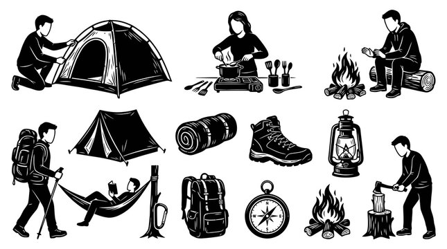 Black  White Line Art Camping Icons: Tent, Backpack, Fire, Axe, Boots, Lantern, Compass