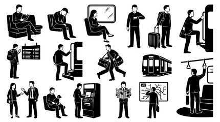 Obraz premium Public Transport Icons: People Commuting, Traveling by Train, Subway, Black White